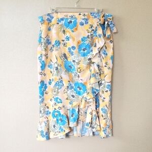 LOFT Yellow Blue Floral Ruffle Faux Wrap Skirt - Size 12